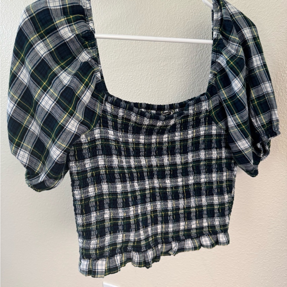American Eagle Outfitters Black Plaid Puff Sleeve Blouse